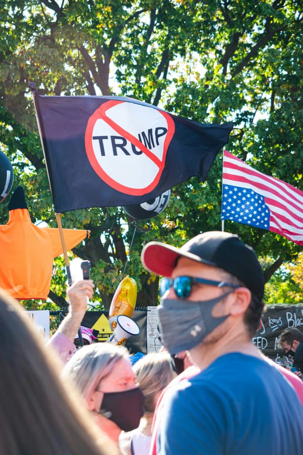 Protestors, featuring an anti-Trump sign and upside-down flag